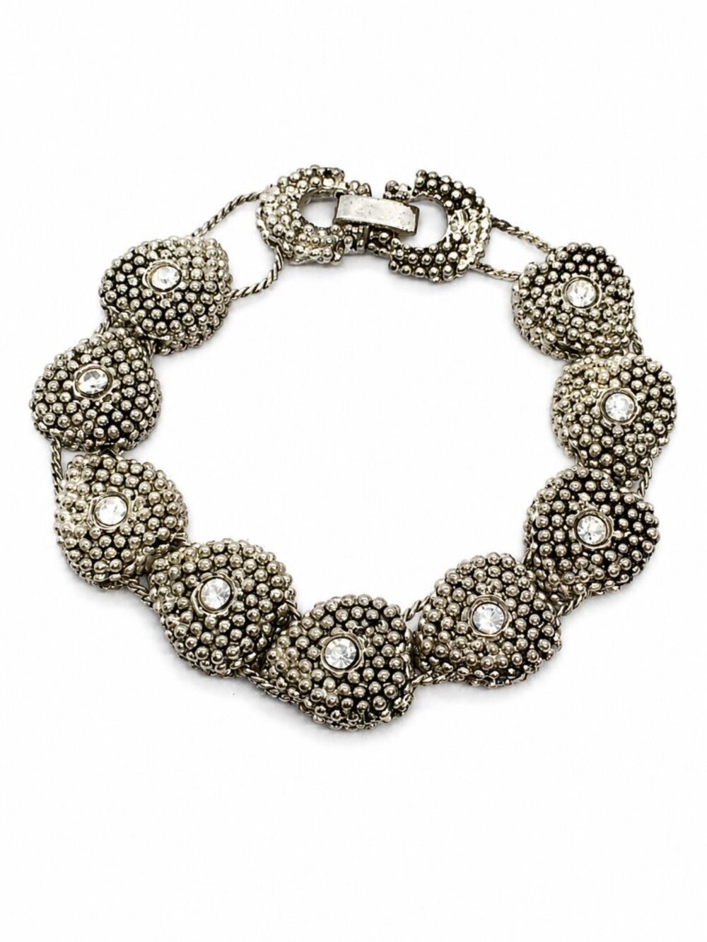 VINTAGE RHINESTONE BRACELET Antiqued Silver Tone Beaded Hearts Slider Clasp